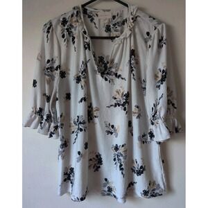Melloday Women's Floral Print Blouse Split V-Neck Ruffled 3/4 Sleeves Size L